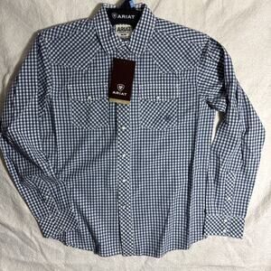 Ariat Retro Fit Shirt Mens M Blue Gingham Long Sleeve Pearl Snap Western NWT